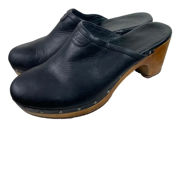 UGG Abbie Sz 9 Wooden Platform Clogs Mules Shoes Black Leather Fur Lined Studded - Picture 4 of 12